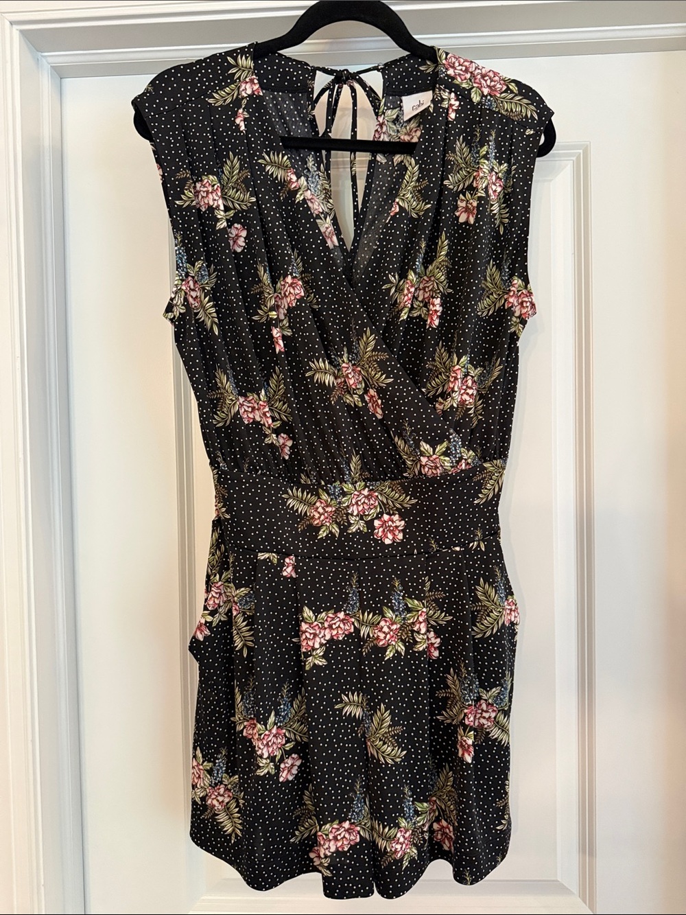 CAbi Black Floral Polka Dot Faux-Wrap Romper